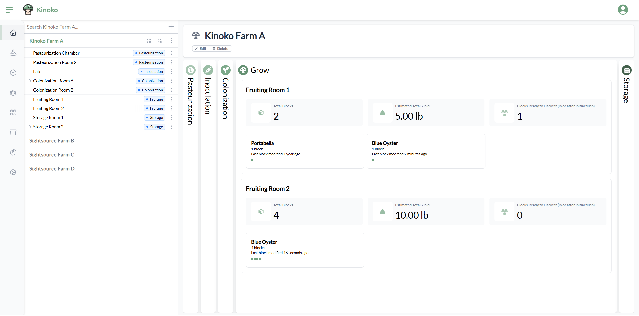 Kinoko grow room dashboard showing mushroom blocks by location