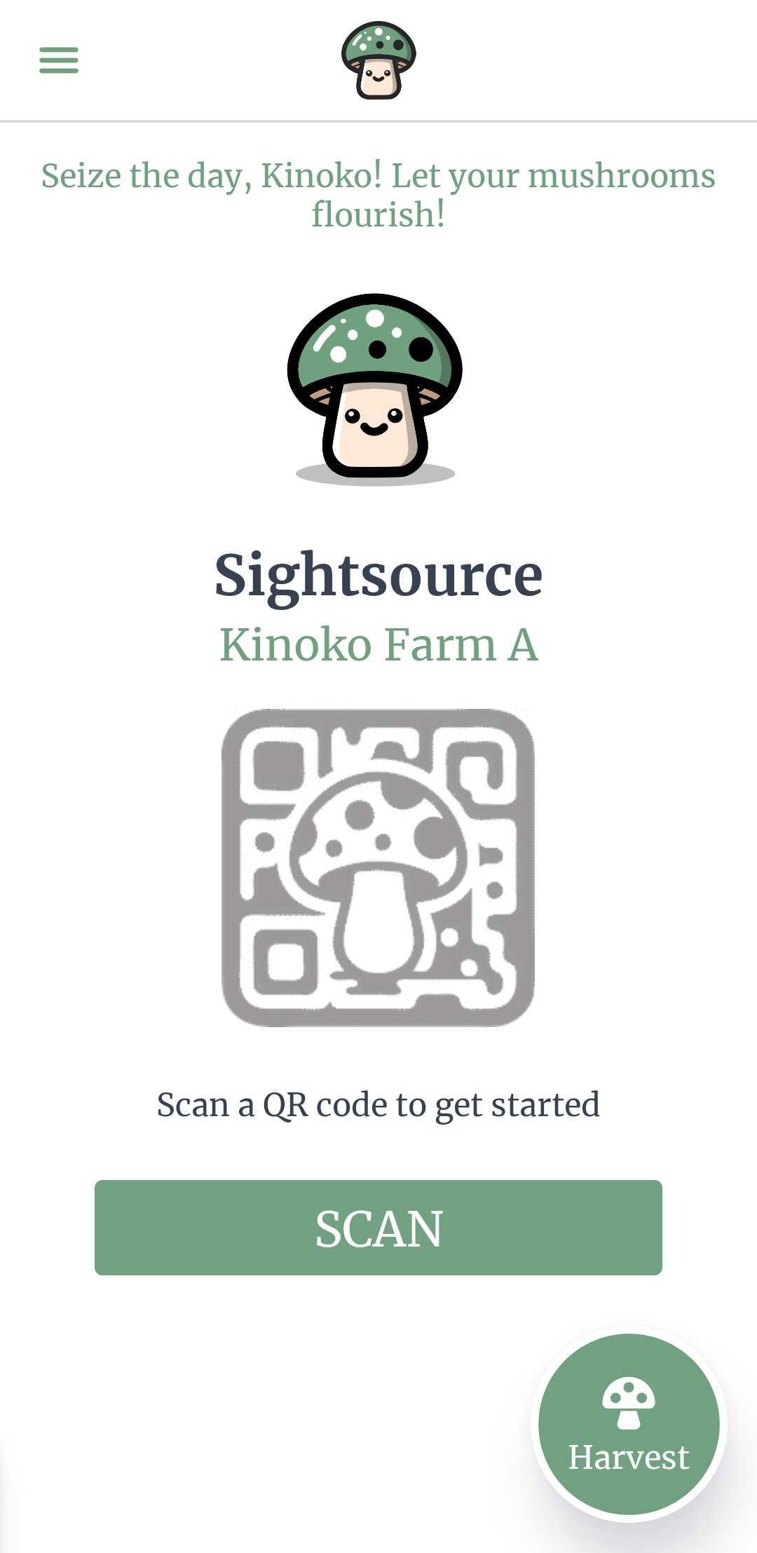 Kinoko mobile QR scanning home screen